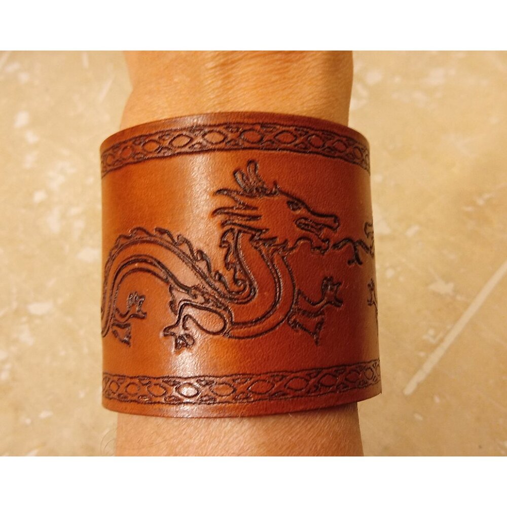 NEW Artisan Engraved Leather Double Dragon Cuff Bracelet, Double Snap Closure
